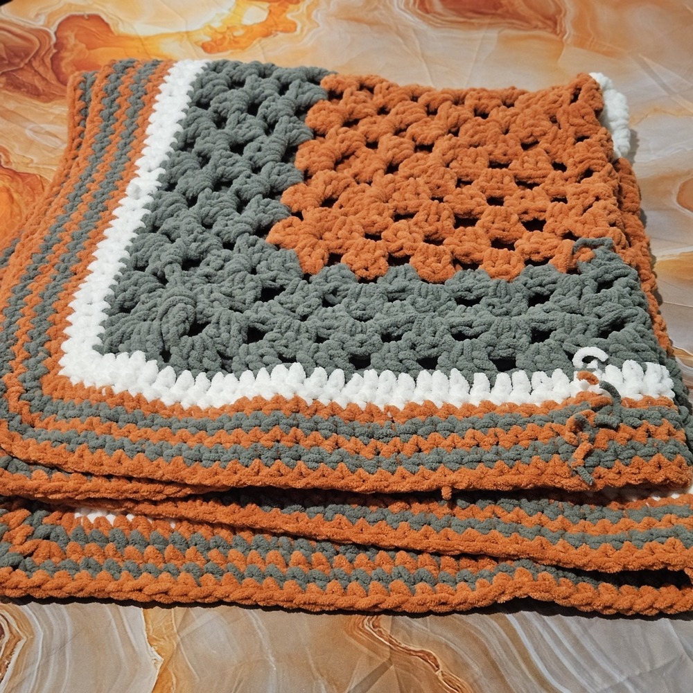 Handmade Crochet Granny Square Throw Blanket 50x50 Orange Green White Chunky